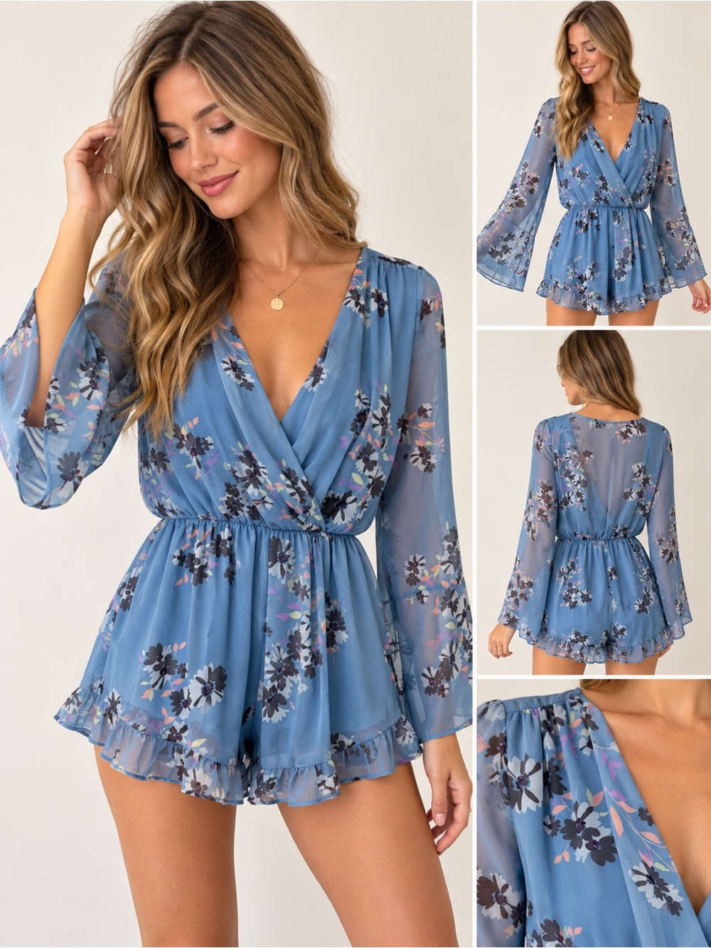 Altar’d State Blue Floral Chiffon Romper Bell Sleeve Size M